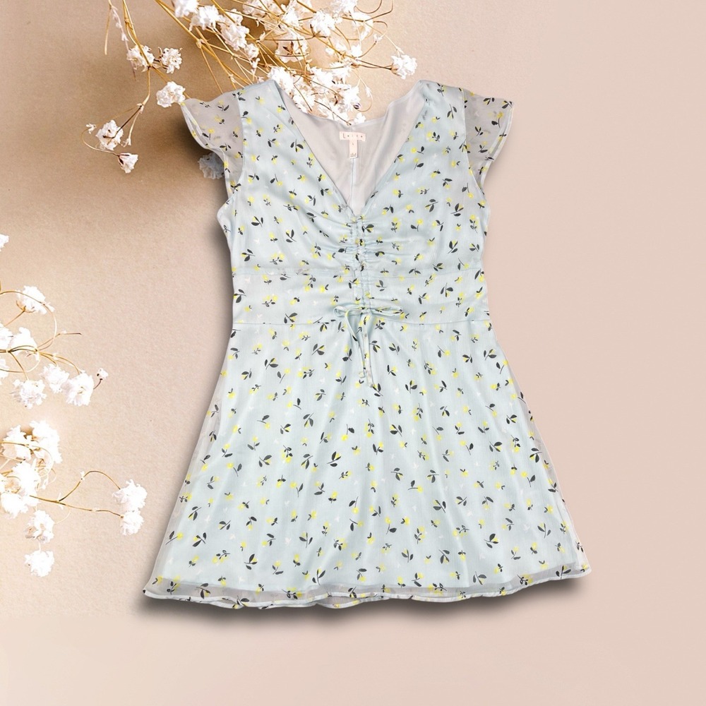 LEITH BLUE GLOW NINA FLORAL FLUTTER SLEEVE LINED DRESS LARGE CINCHED FRONT NWT
